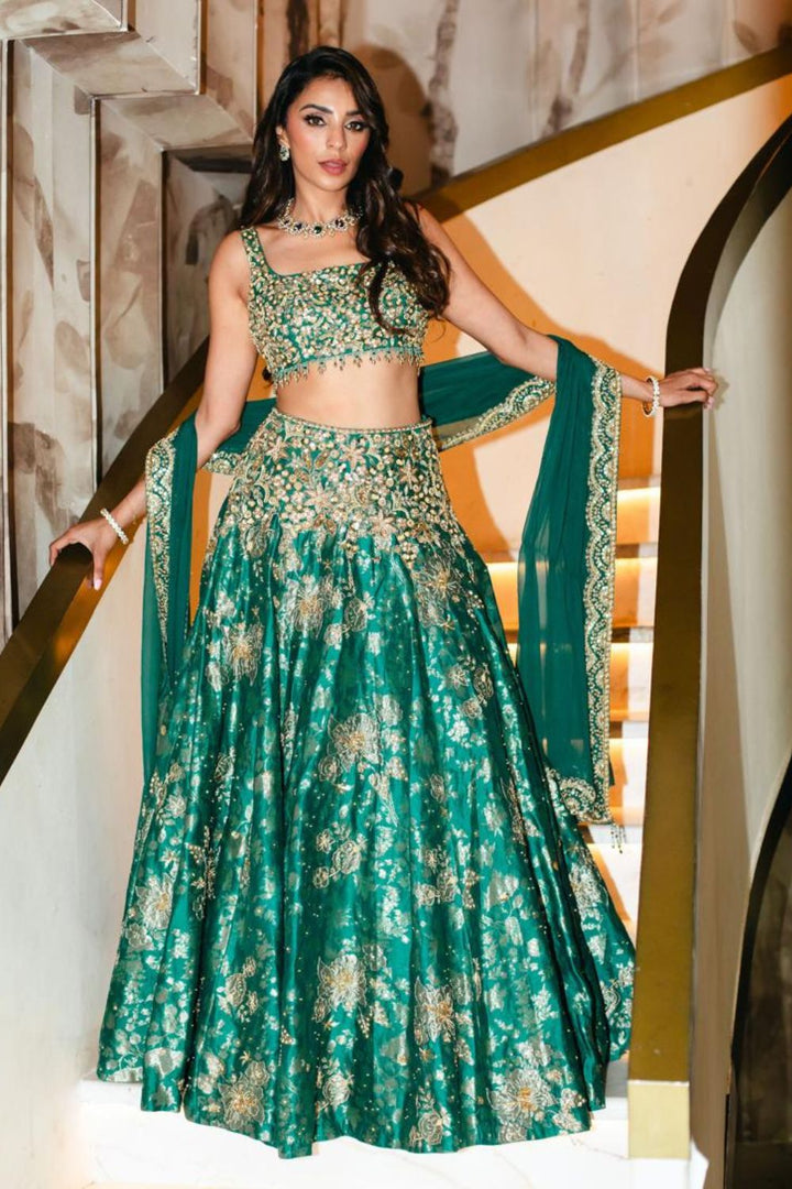Payal Shah In Our Teal Broad Belt Brocade Lehenga Set