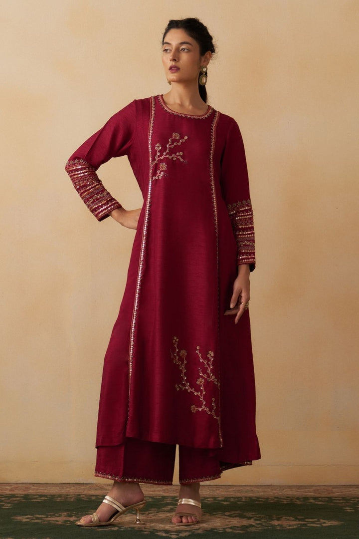 Maroon A-Line Kurti With Palazzo Set