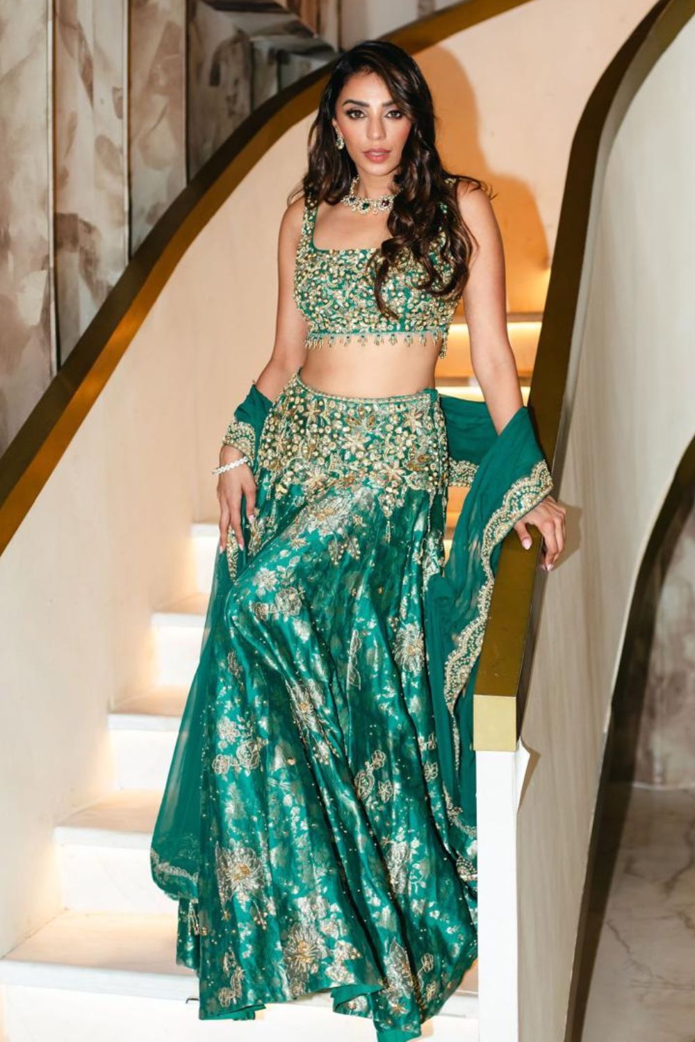 Payal Shah In Our Teal Broad Belt Brocade Lehenga Set