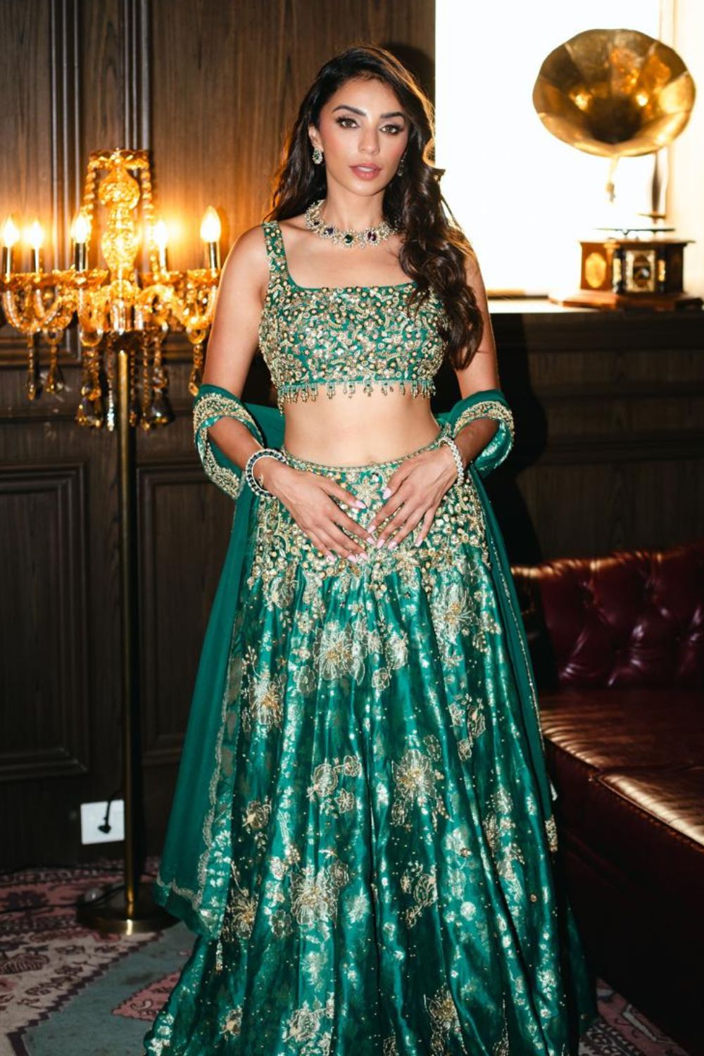 Payal Shah In Our Teal Broad Belt Brocade Lehenga Set