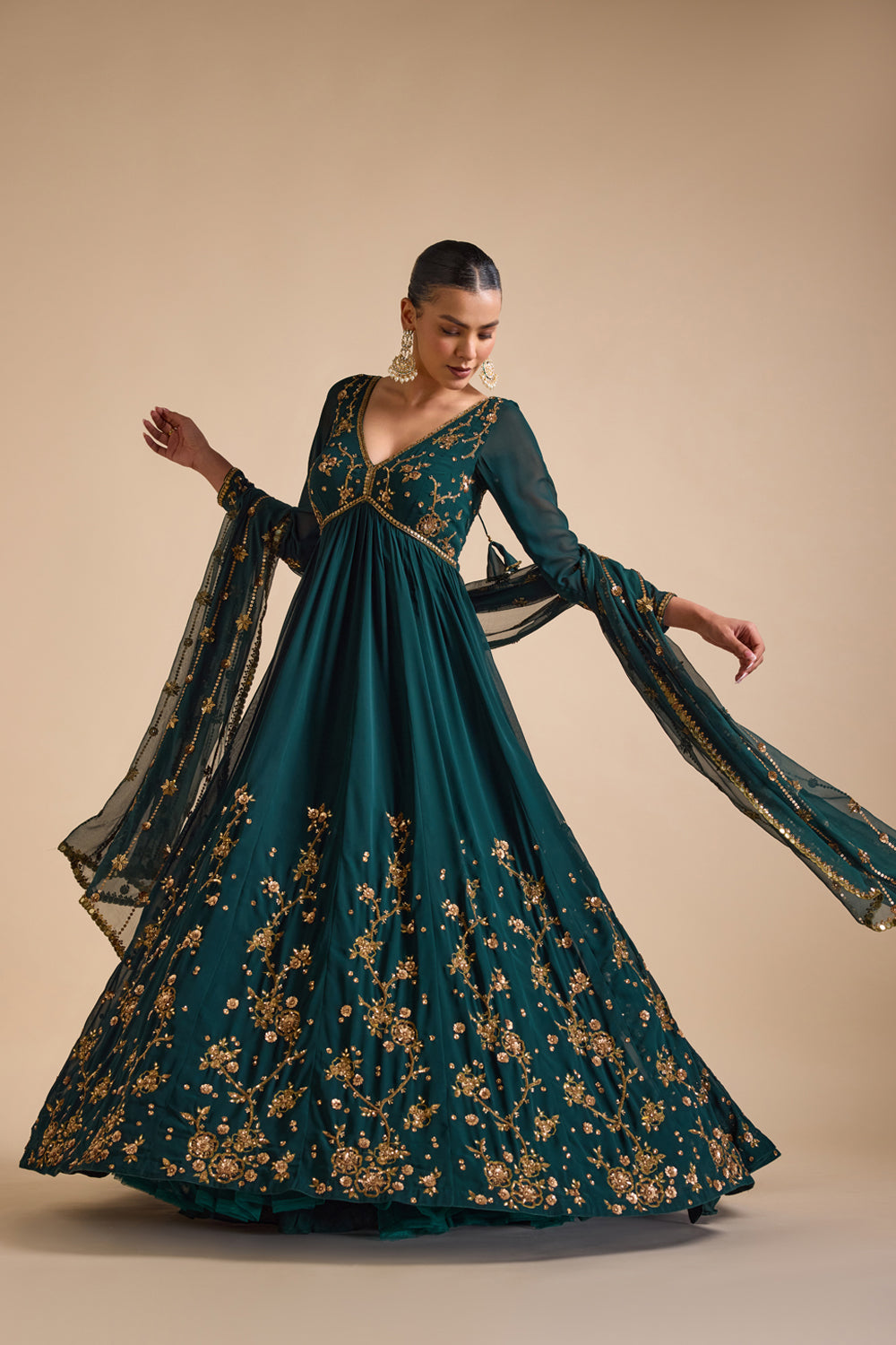 emerald green anarkali dress Emerald Green Net Embroidered Pant Style Anarkali Suit