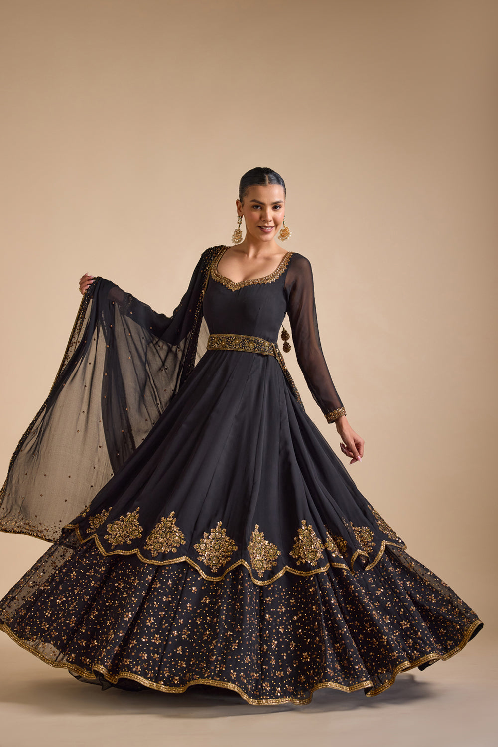 Black Double Layered Anarkali – Prevasu - Main Image