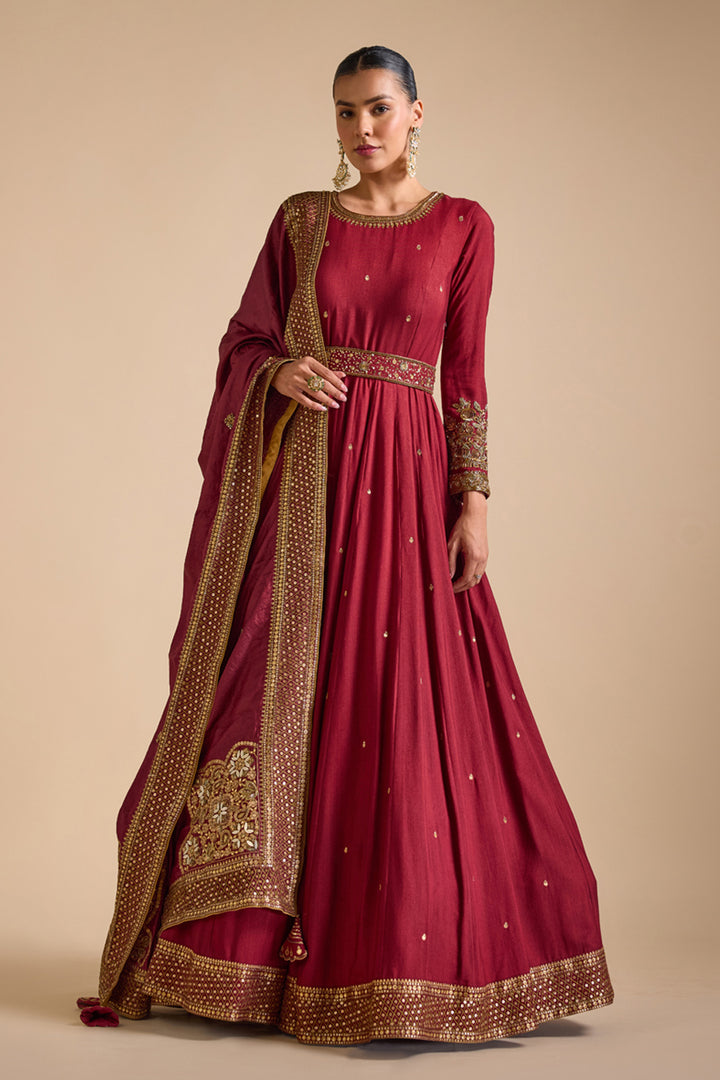 Embroidered Cuff Tussar Anarkali Set