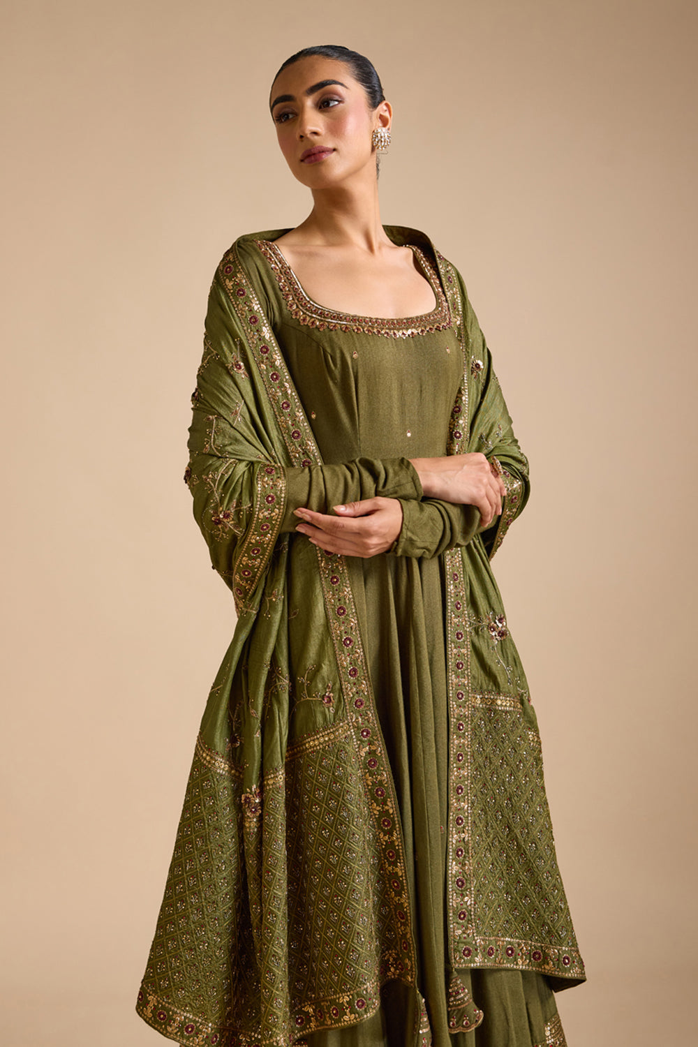 Olive Tussar Anarkali Set