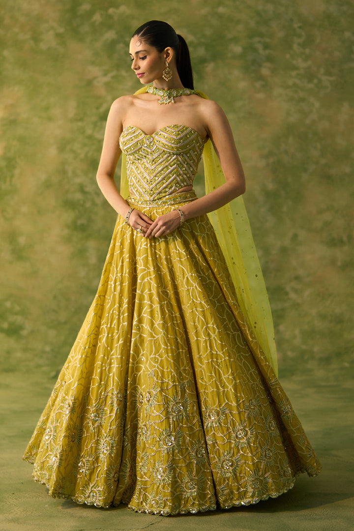 Brocade Chanderi Yellow Lehenga Set