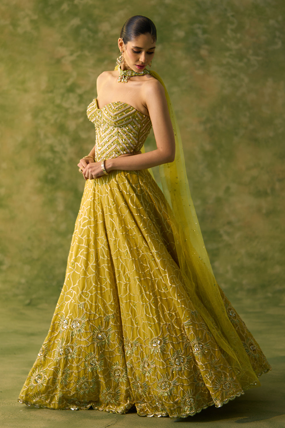 Brocade Chanderi Yellow Lehenga Set