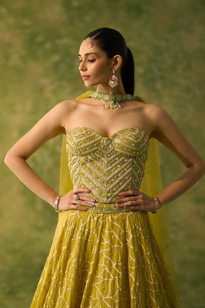 Brocade Chanderi Yellow Lehenga Set