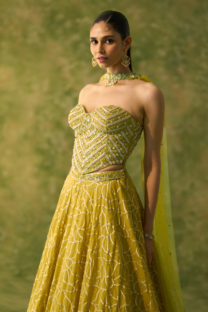 Brocade Chanderi Yellow Lehenga Set