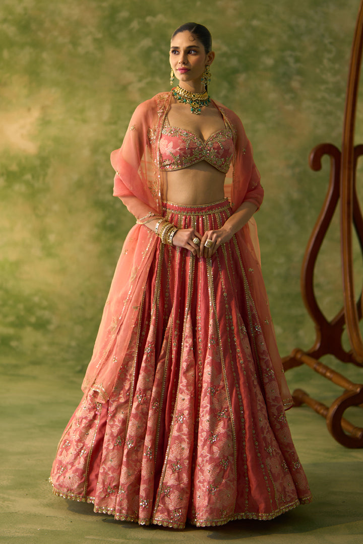 Brocade Chanderi Gore Peach Lehenga Set
