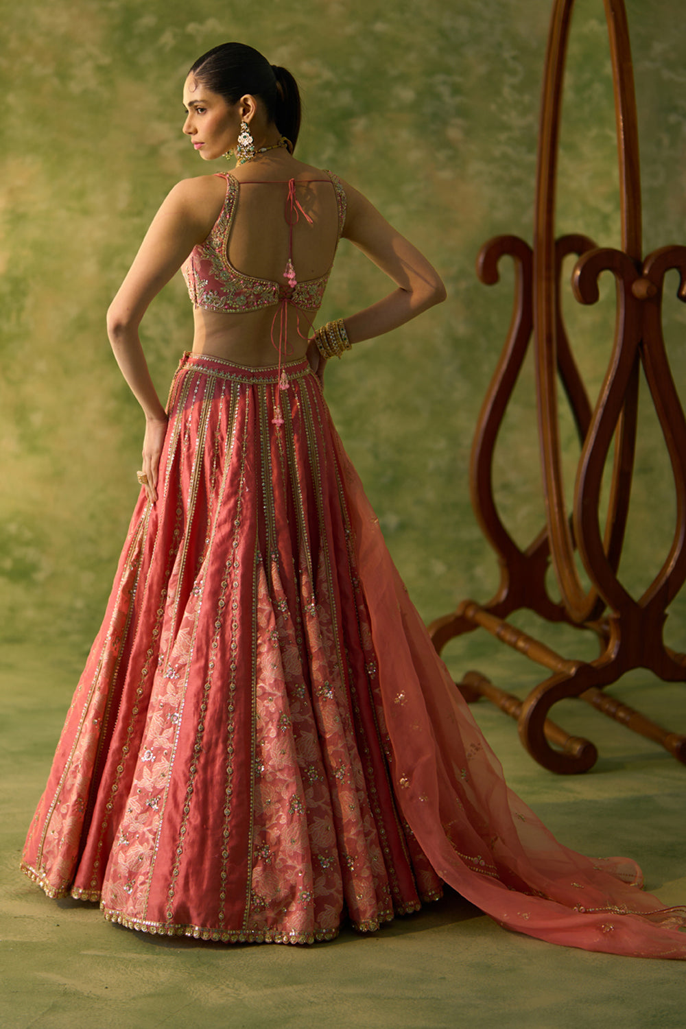 Brocade Chanderi Gore Peach Lehenga Set