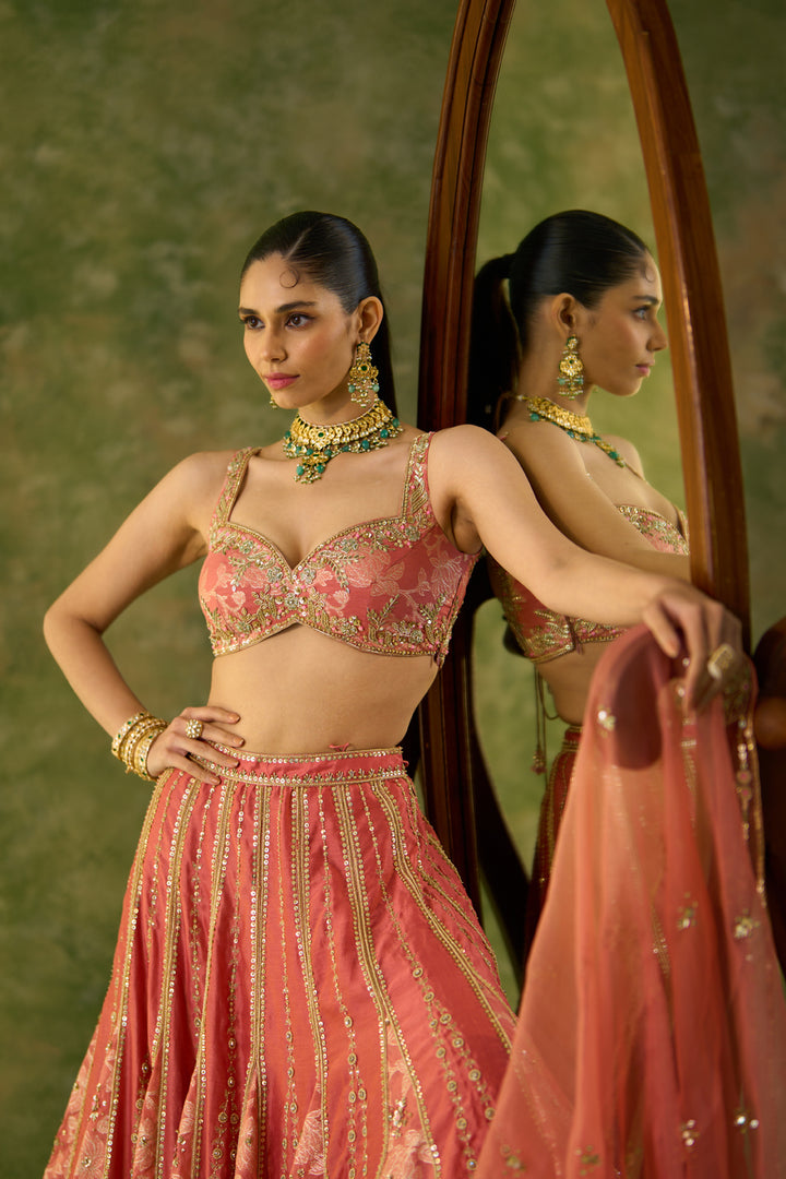 Brocade Chanderi Gore Peach Lehenga Set
