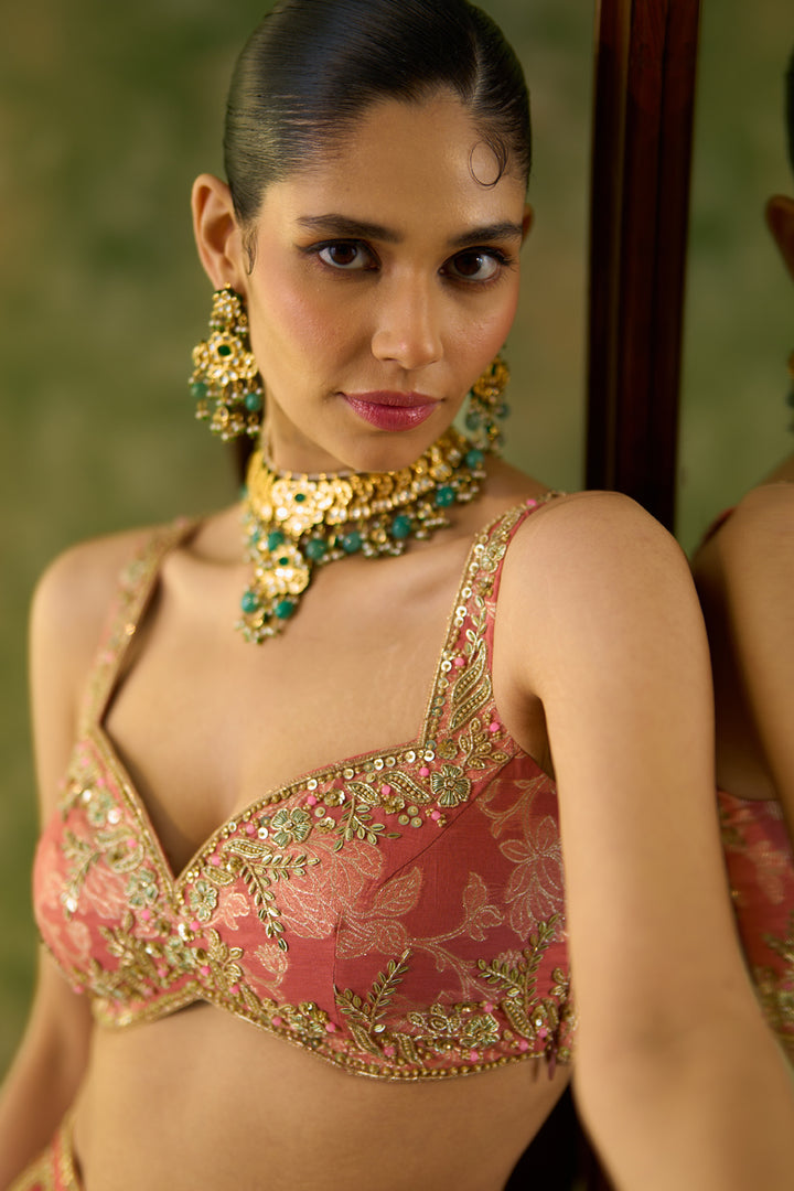 Brocade Chanderi Gore Peach Lehenga Set