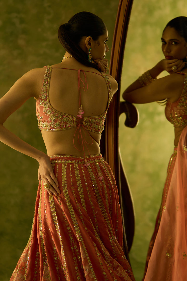 Brocade Chanderi Gore Peach Lehenga Set