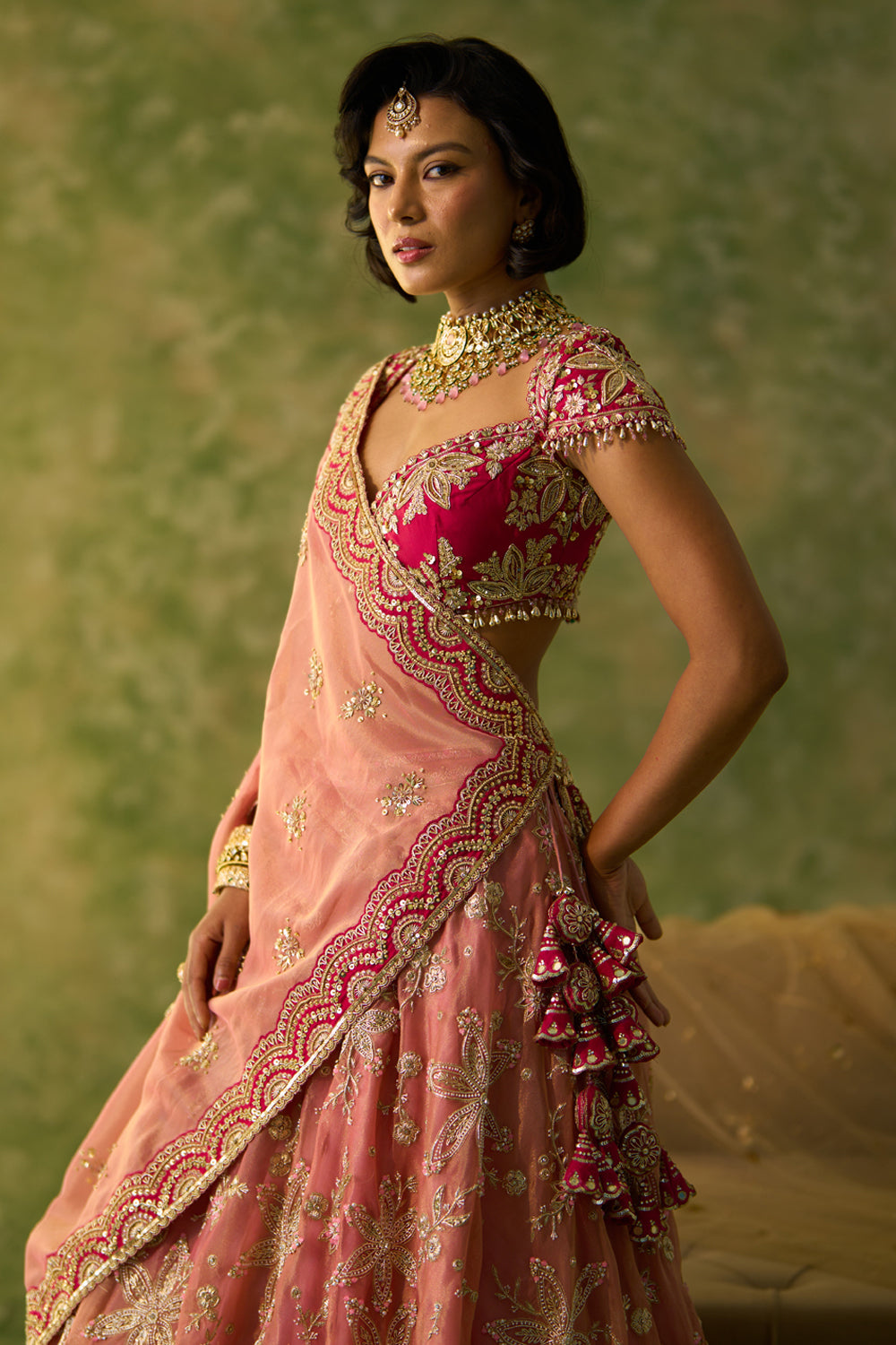 Pink Tissue Bridal Lehenga Set