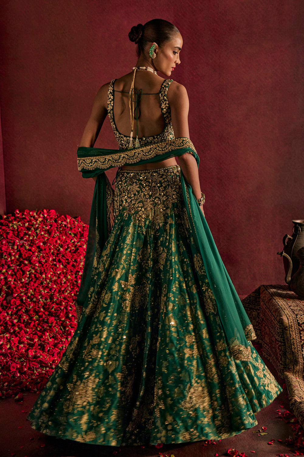 Teal Broad Belt Brocade Lehenga Set