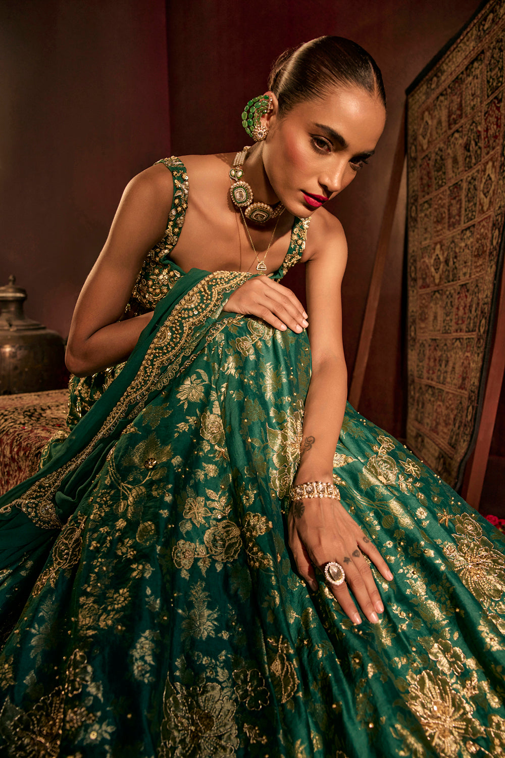Teal Broad Belt Brocade Lehenga Set