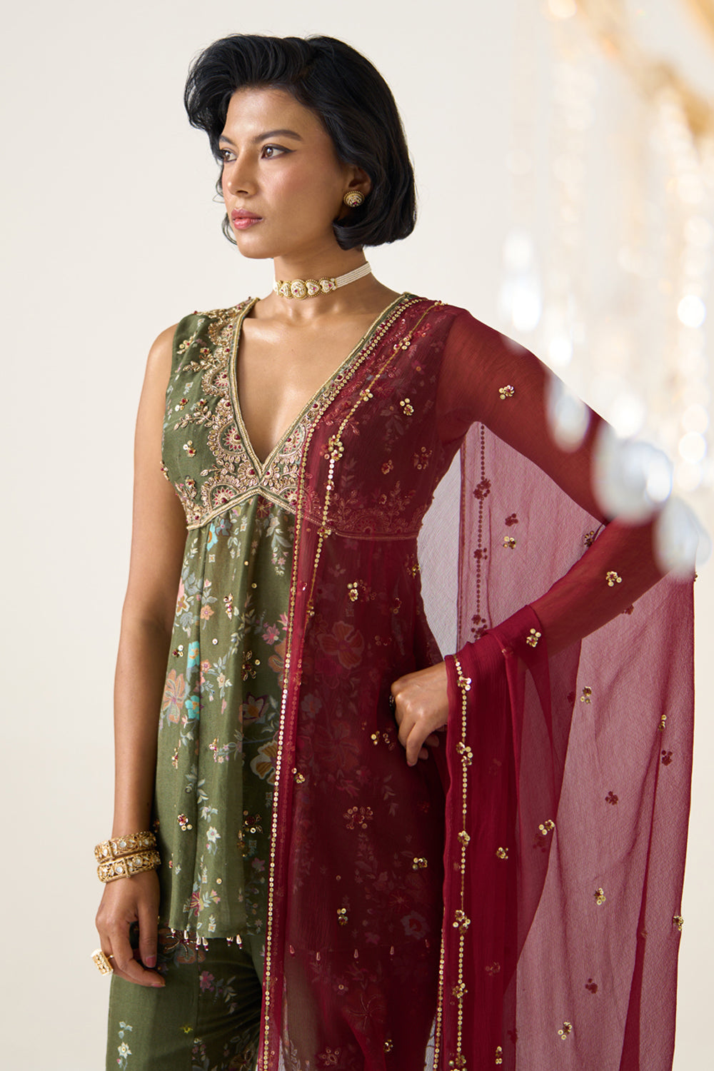 Olive Printed Sharara Set