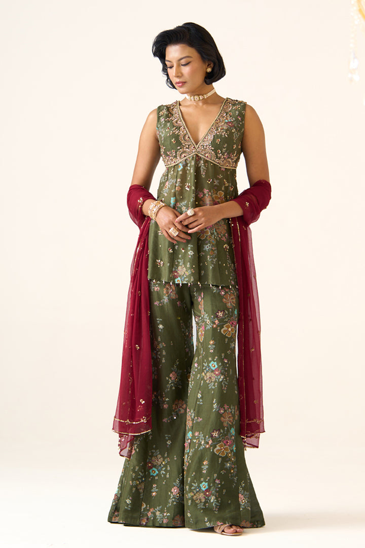 Olive Printed Sharara Set