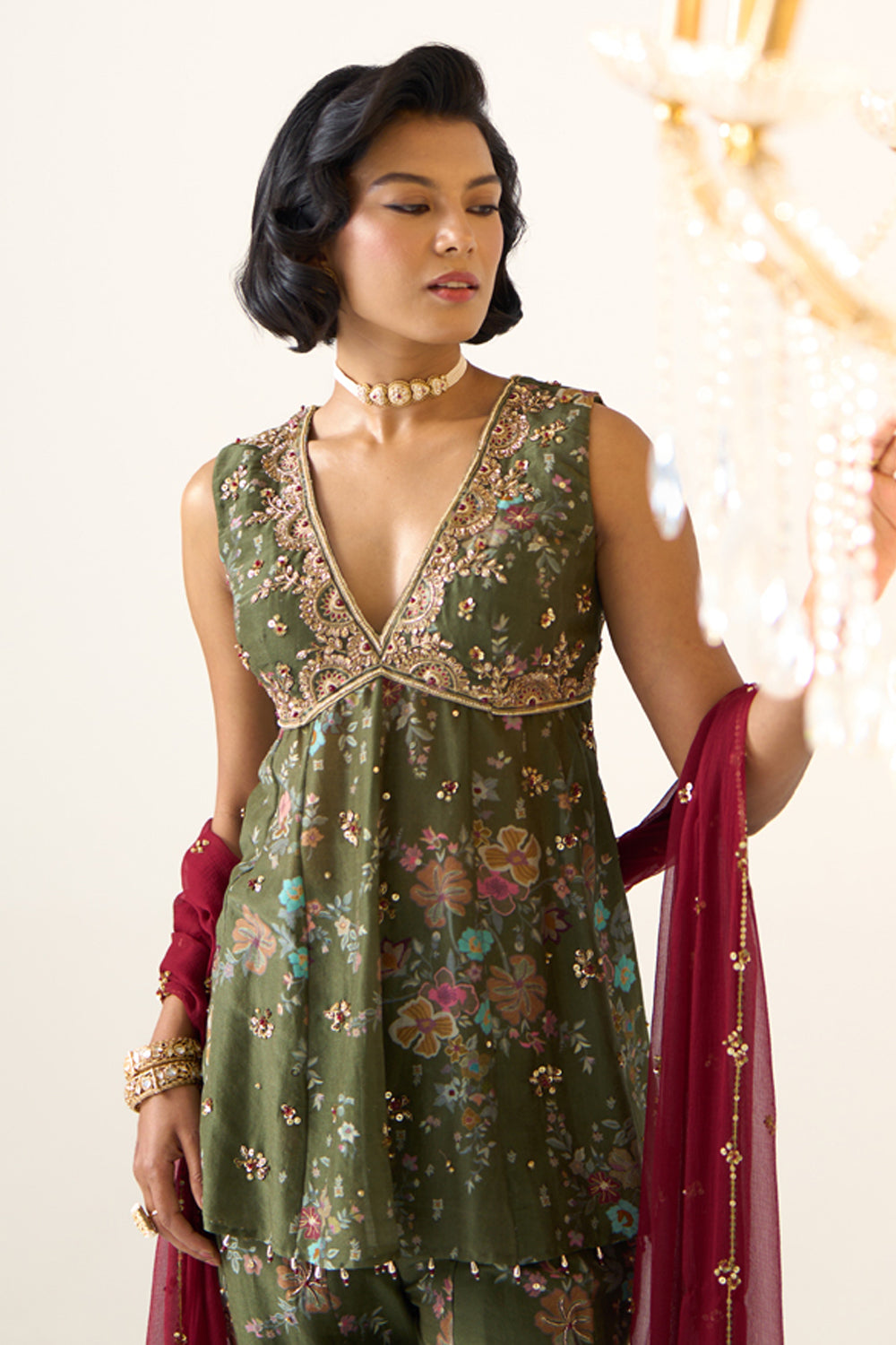 Olive Printed Sharara Set