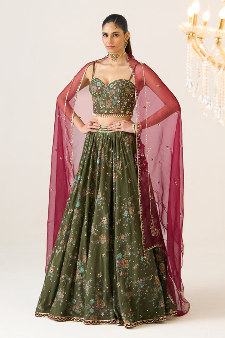Olive Printed Lehenga Set