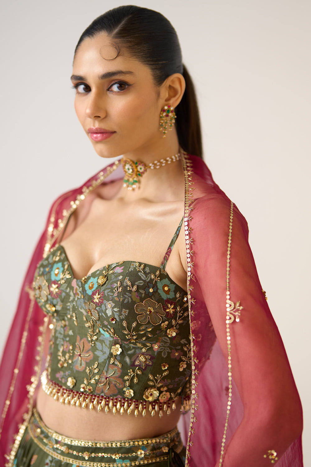 Olive Printed Lehenga Set