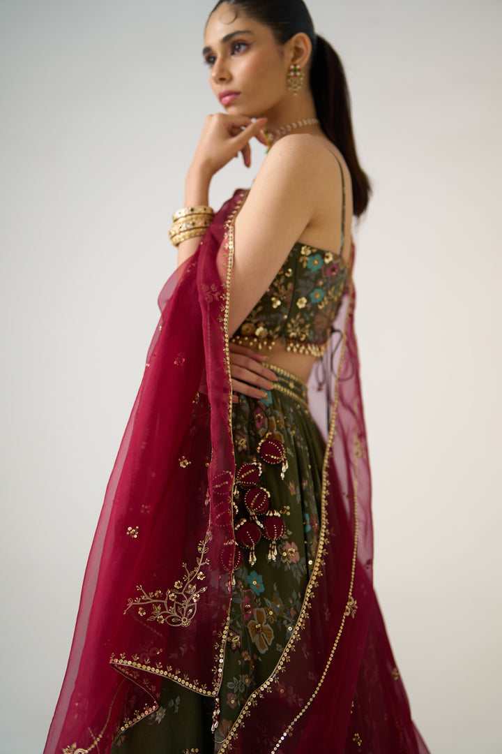 Olive Printed Lehenga Set