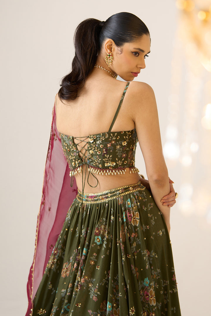 Olive Printed Lehenga Set