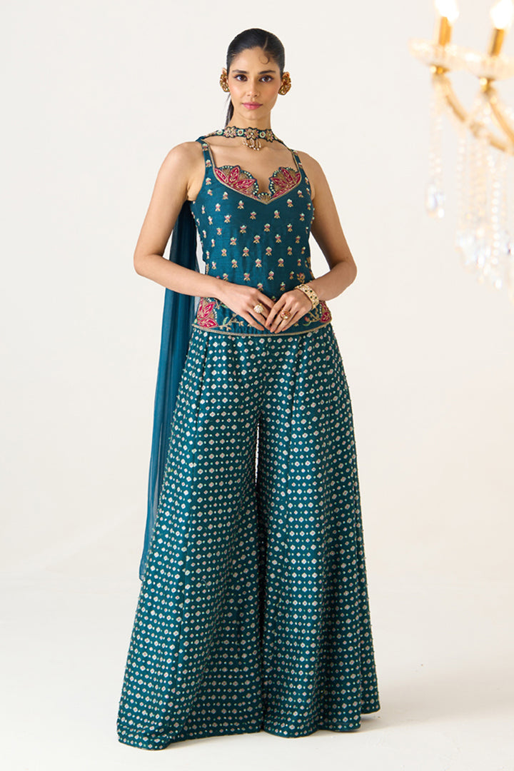 Teal Printed Divided Skirt Set