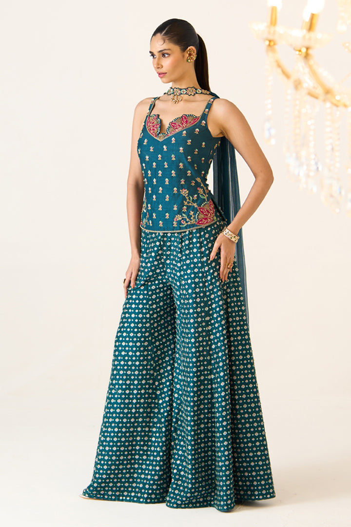 Teal Printed Divided Skirt Set