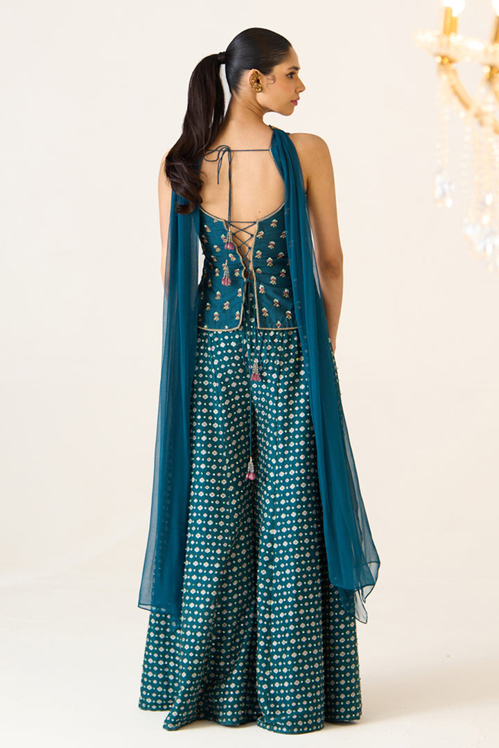 Teal Printed Divided Skirt Set