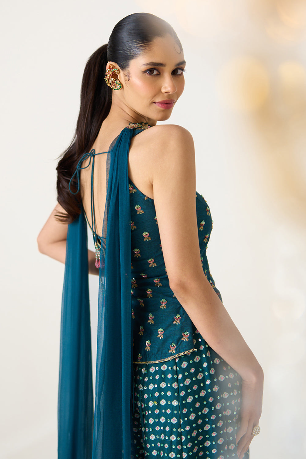 Teal Printed Divided Skirt Set