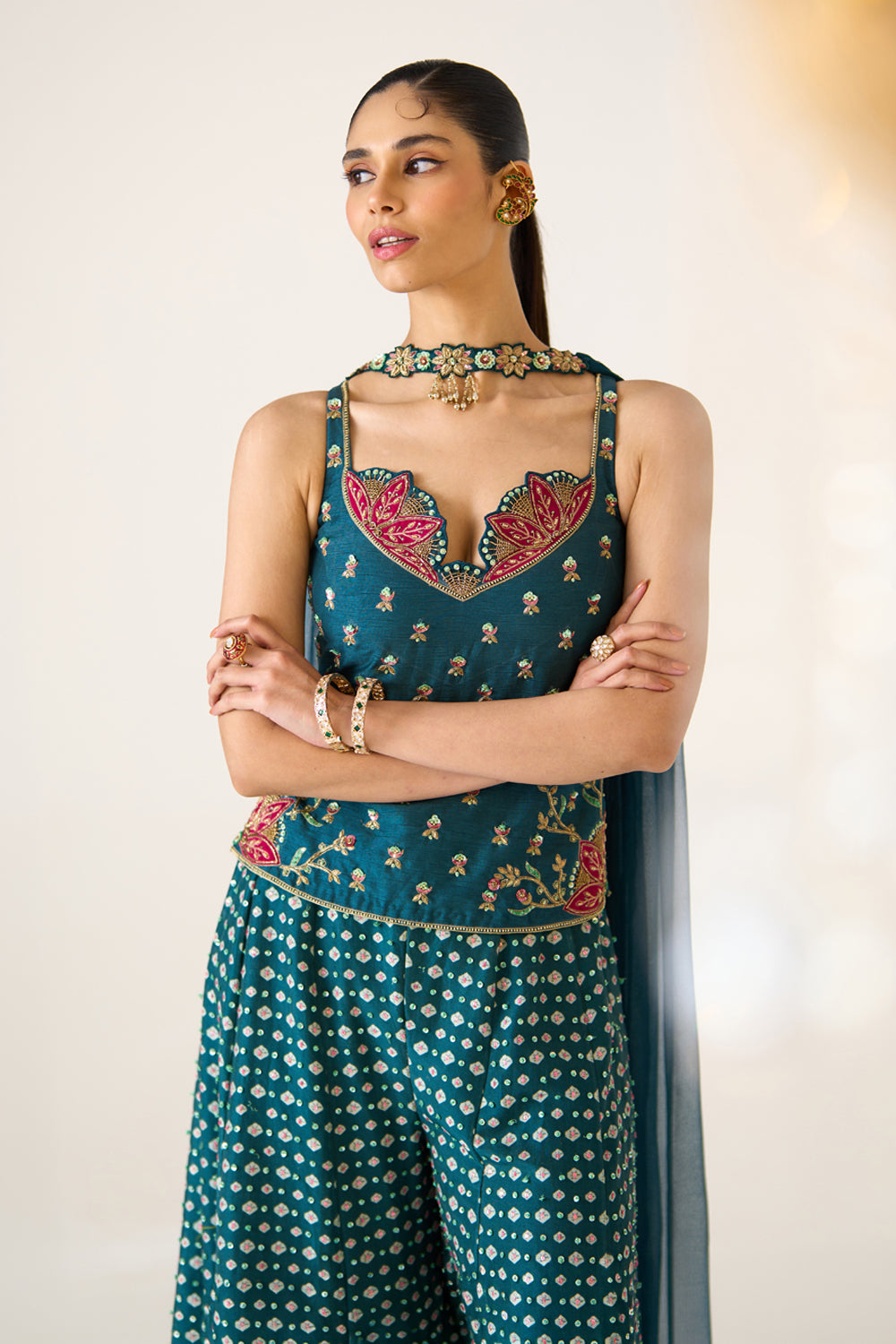 Teal Printed Divided Skirt Set