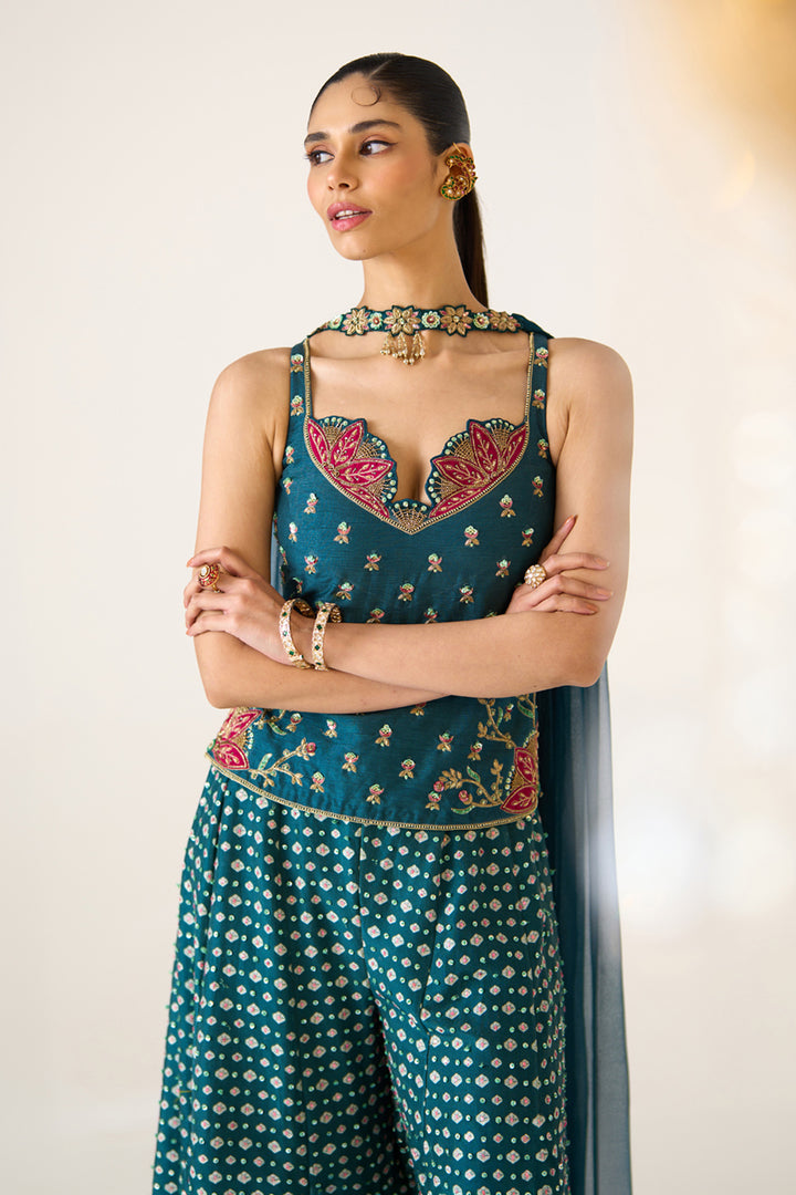 Teal Printed Divided Skirt Set