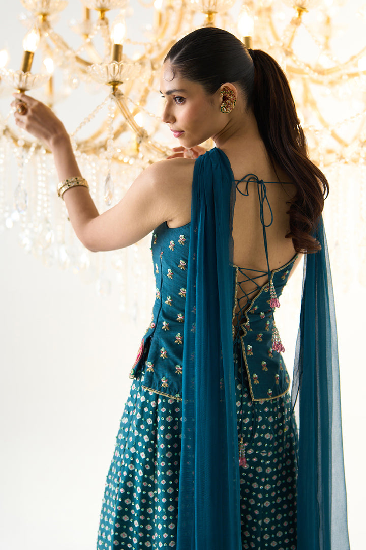 Teal Printed Divided Skirt Set