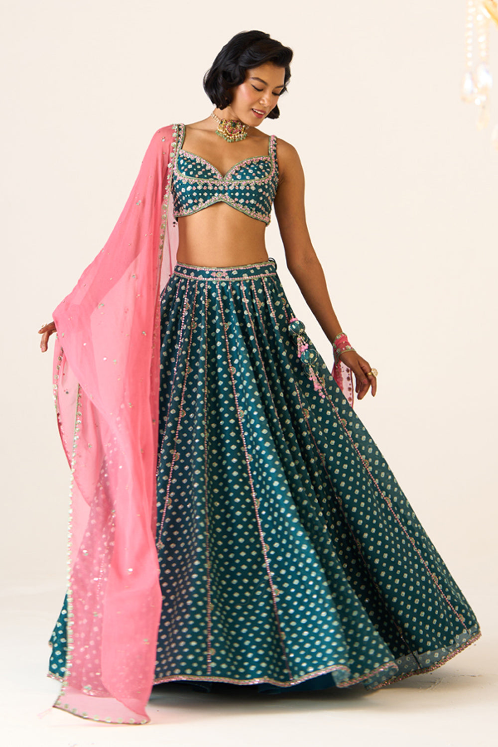 Teal Printed Lehenga Set