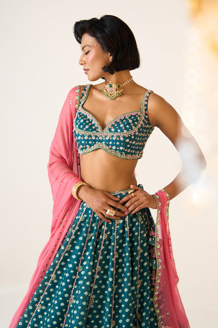 Teal Printed Lehenga Set