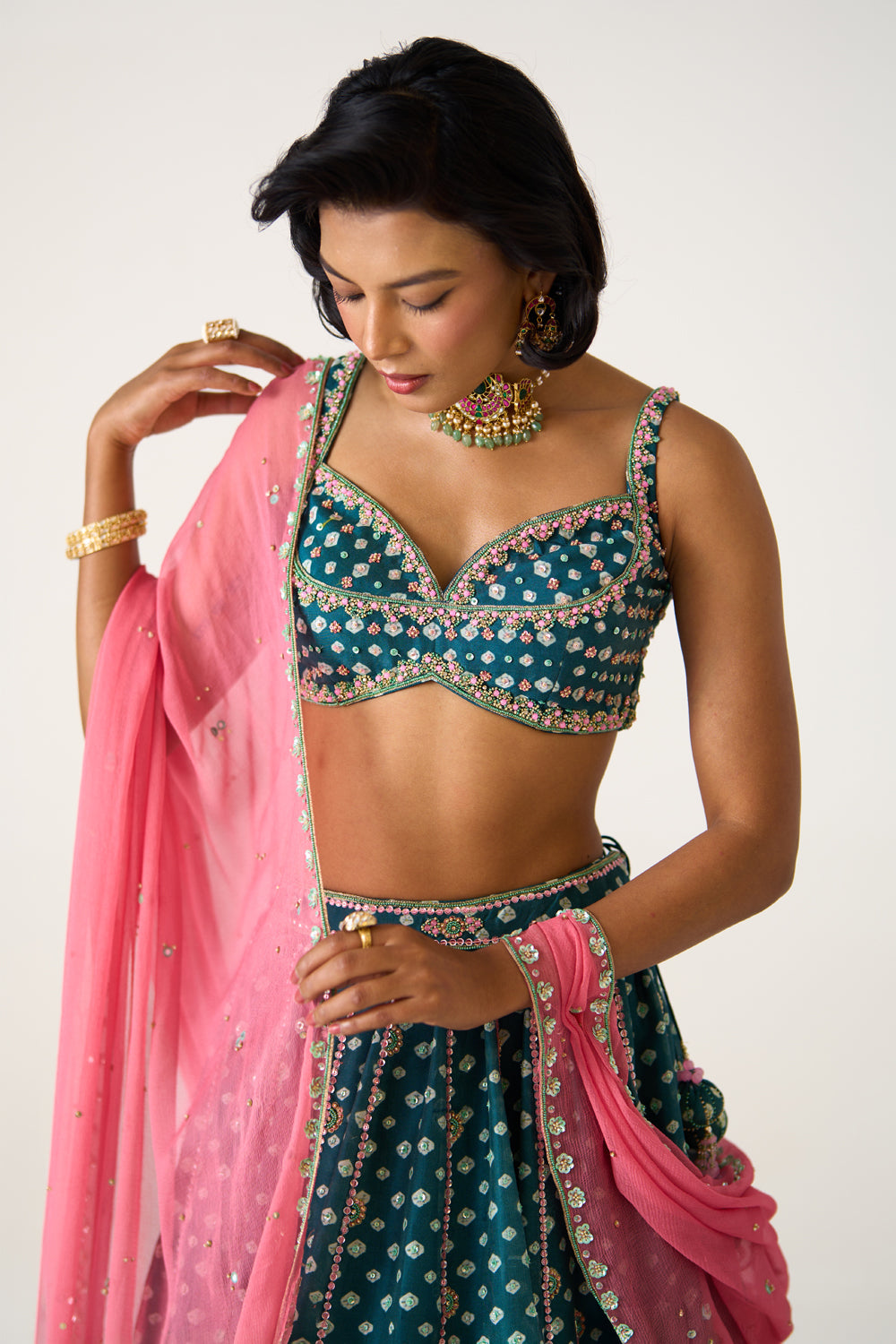 Teal Printed Lehenga Set