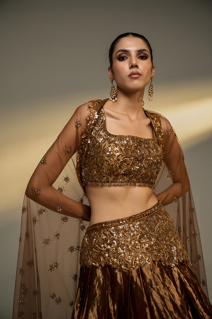 Copper Gold Embroidered Lehenga Set