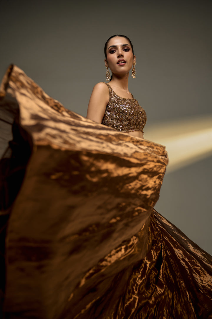 Copper Gold Embroidered Lehenga Set