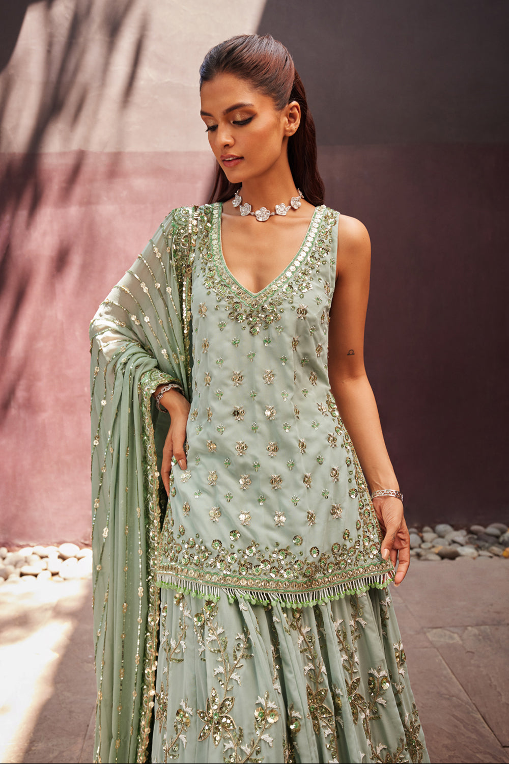 Mint Lehenga Kurti Set