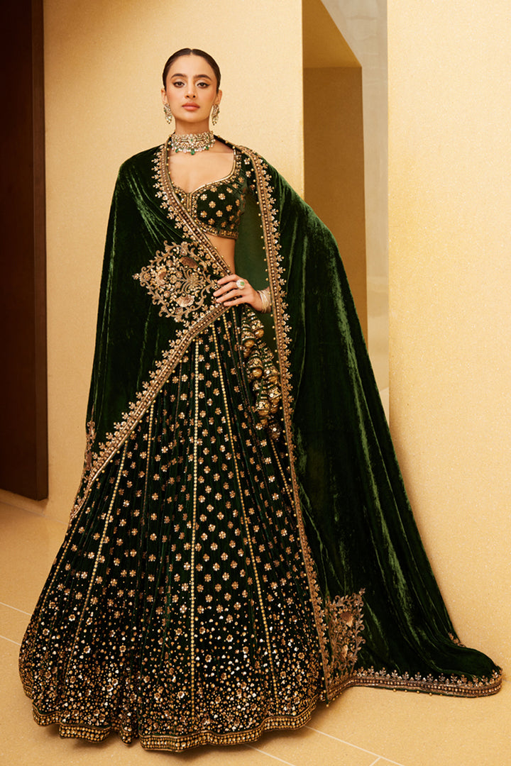 Green Velvet Bridal Lehenga Set