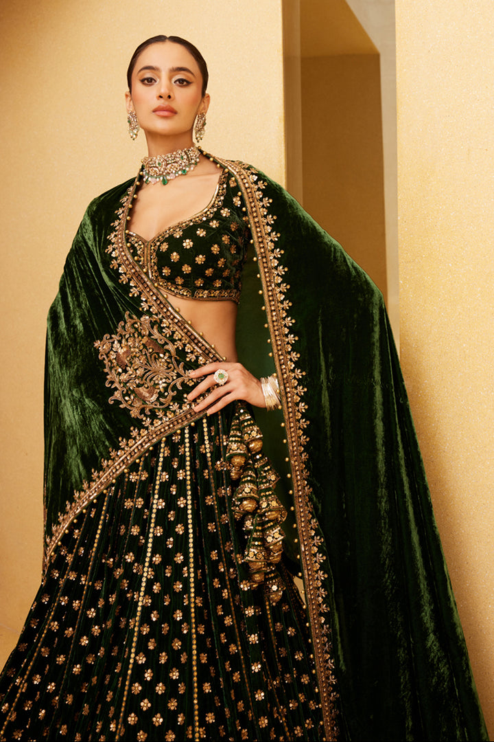 Green Velvet Bridal Lehenga Set