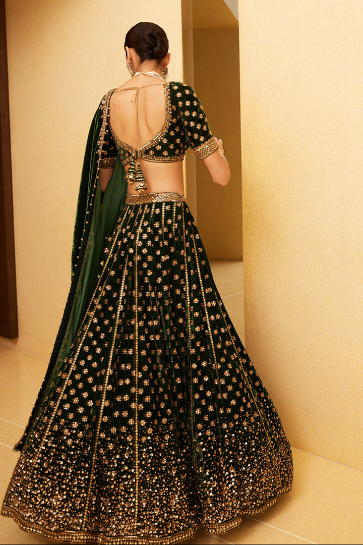 Green Velvet Bridal Lehenga Set